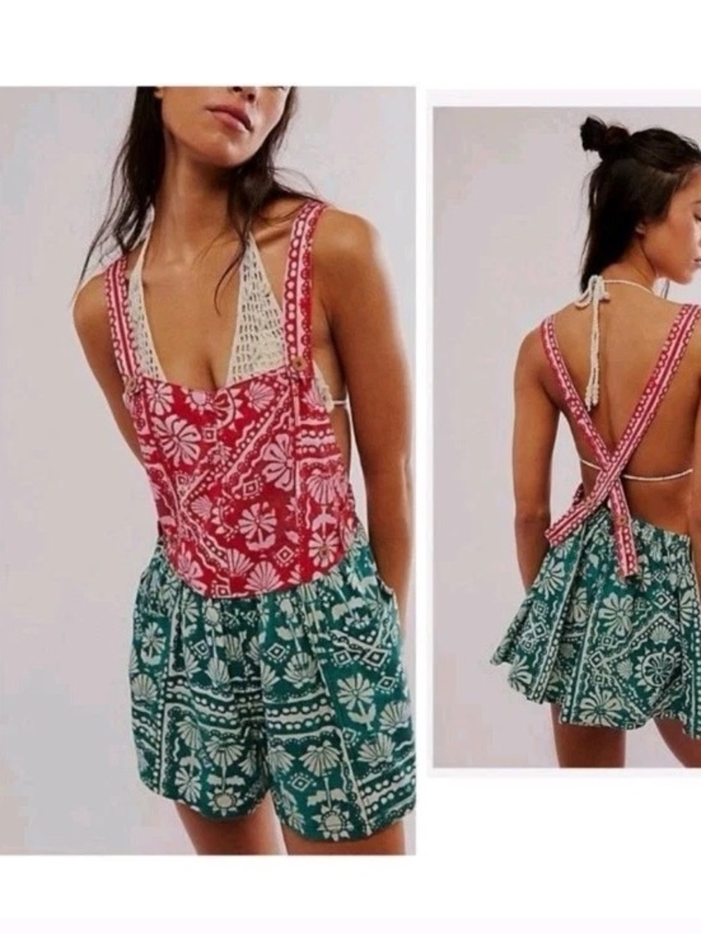 FREE PEOPLE palm bay shortall green/red batik print overall romper / size M